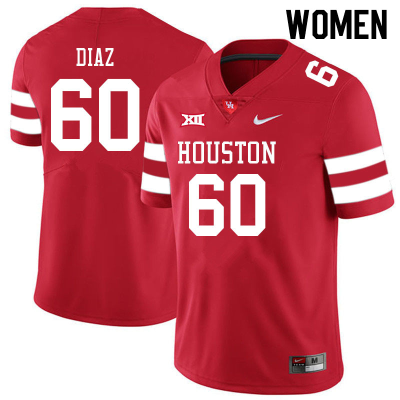 Women #60 Joshua Diaz Houston Cougars College Big 12 Conference Football Jerseys Sale-Red - Click Image to Close